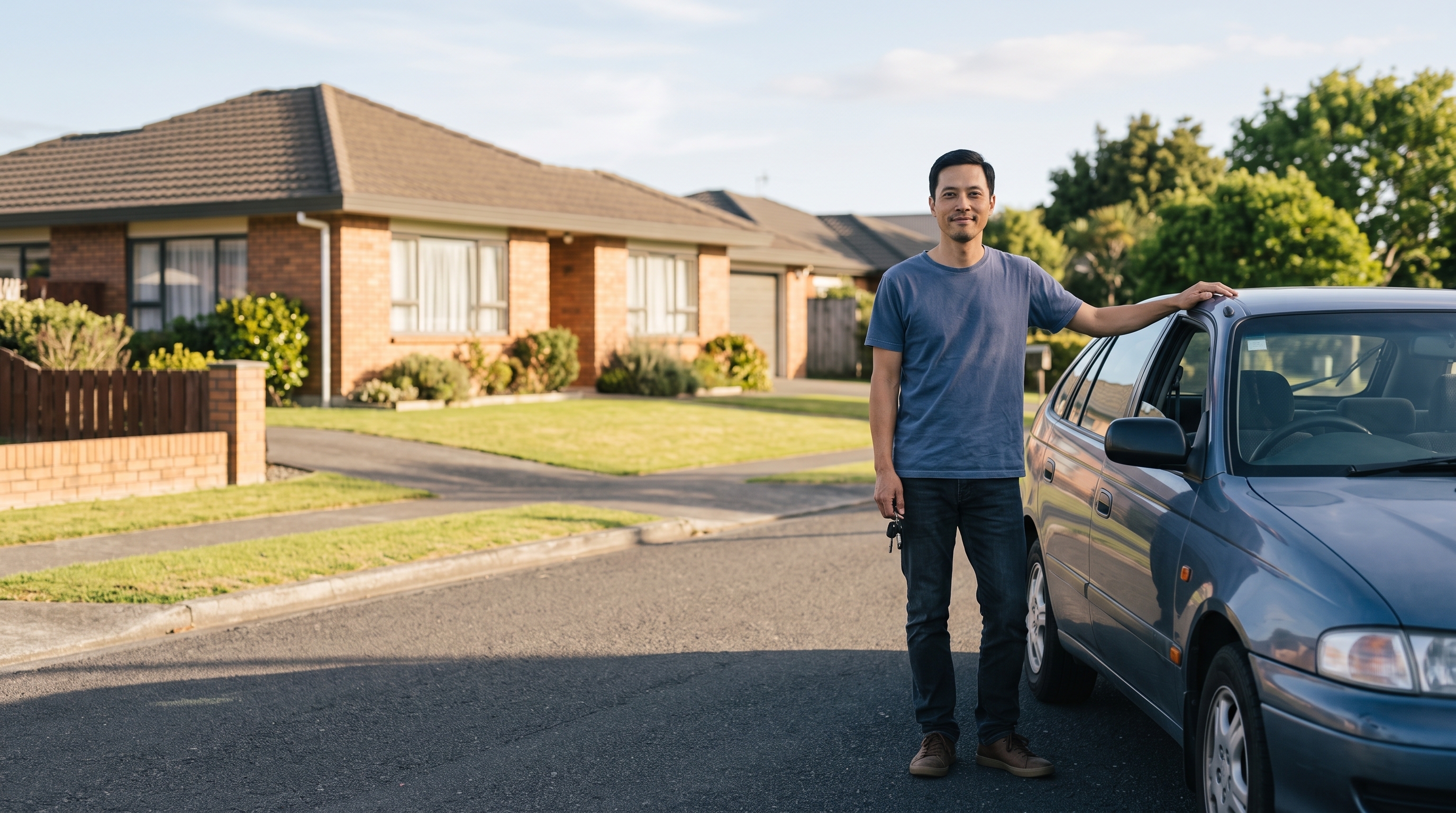 A man standing by his car in a New Zealand suburb