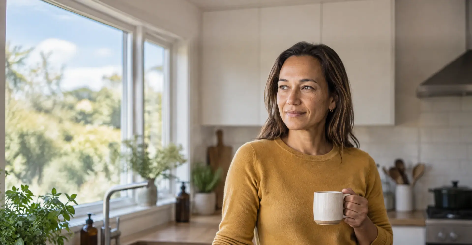 A woman at her kitchen bench in the morning, coffee in hand, turning to answer someone in the next room